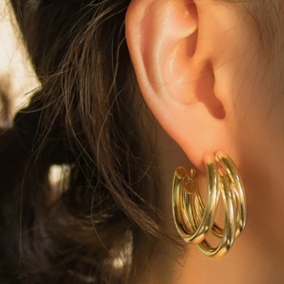 Layered Silver Half Hoop Earrings - Picture 7 of 8